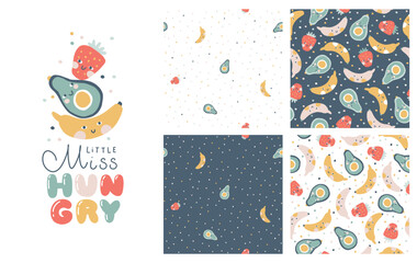 Wall Mural - Tropical Fruit collection of seamless patterns with print composition and comic lettering. Vector cartoon childish background with cute smiling fruit characters in simple hand-drawn style.