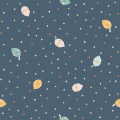 Wall Mural - Lemons face seamless scattered pattern in pastel palette. Vector naive hand drawn illustration of cute characters on polka dot in hearts background. Ideal for baby textiles, wallpaper, fabric