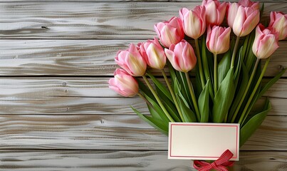 Sticker -  Pink Tulips and gift card on a light wooden background with copy space, Top view 