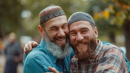 Wall Mural - Two young Asian Muslim men with beards hug and share the happiness of welcoming the Muslim Eid al-Fitr holiday. Outdoors in the morning.