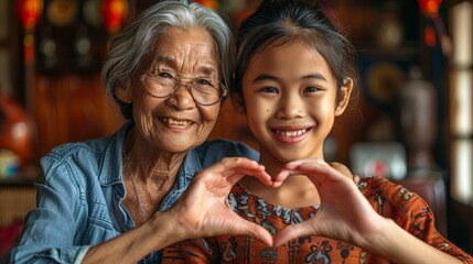 Canvas Print - Vietnamese old mother, grandmother and daughter , granddaughter make heart symbol by hands 