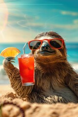 Wall Mural - sloth with a cocktail on the beach.