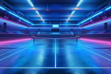 Wall Mural - A futuristic tennis stadium bathed in neon lights, showcasing an empty, hightech court with holographic line calls and expansive copy space