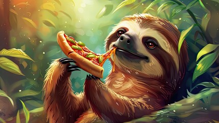 Wall Mural - cute handsome sloth eating pizza