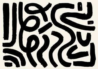 Set of curvy textured black stripe brush. Black background with loop and hand-drawn line. Grunge bold black brush strokes.