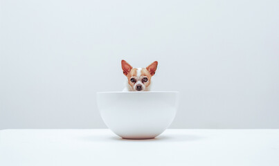 Poster - AI generated illustration of a dog peeking out of a white bowl on a table