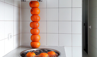 Poster - AI generated illustration of fresh oranges in a metal bowl and against a tiled wall background