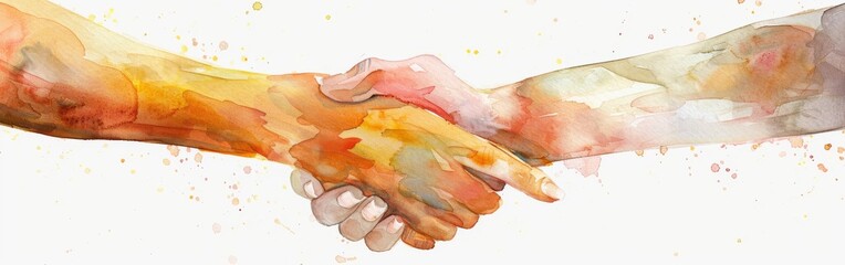 Wall Mural - Watercolor illustration of a handshake in warm tones, symbolizing trust and partnership in business agreements --ar 19:6 Job ID: 5c0b34ed-e249-4232-a6f9-c9e6a86c4b78