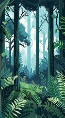 Poster - A painting of a forest with trees and ferns. The mood of the painting is peaceful and serene