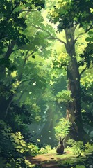 Poster - A rabbit is sitting in a forest with trees and leaves