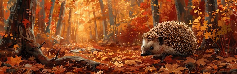 Poster - A hedgehog is laying in the autumn woods. The leaves are orange and the sun is shining through the trees