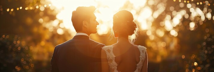 Wall Mural - Bride and groom against sunset backdrop