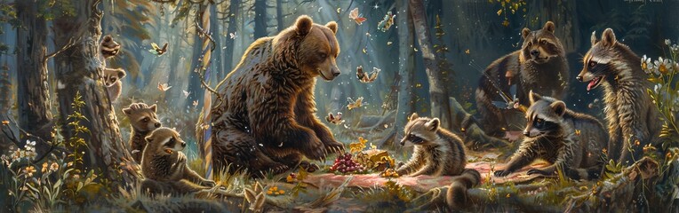 Poster - A painting of a family of bears and raccoons playing together. The bears are sitting on a blanket and the raccoons are standing around them