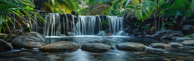 Poster - A waterfall is flowing into a pond with rocks and plants. The water is calm and clear, and the rocks are scattered around the pond. The scene is peaceful and serene