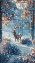 Poster - A deer is standing in the snow in a forest. The image has a peaceful and serene mood, with the deer being the main focus of the scene