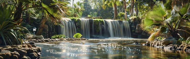 Poster - A waterfall is flowing into a pond with palm trees in the background. The water is calm and the sunlight is shining on it, creating a peaceful and serene atmosphere