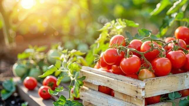 Sun kissed tomato garden with ripe red and yellow tomatoes in wooden crate amidst green foliage