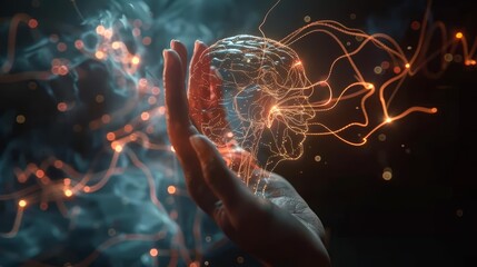 A surreal image of a hand holding a holographic human head that transforms into a network of glowing neural pathways and circuits The dark background features abstract light patter