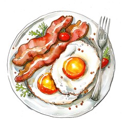 An illustration of a plate of food. The plate has two eggs, bacon, cherry tomatoes, and parsley. The food is arranged in a visually appealing way.