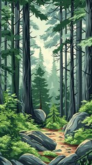 Poster - A forest with a path through it and a tree in the middle