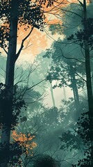 Poster - A painting of a forest with trees and leaves. The mood of the painting is peaceful and serene