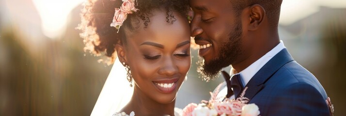 Wall Mural - Radiant African couple with wedding bouquet