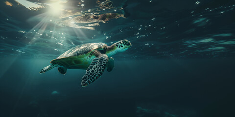 the green sea turtle swimming underwater, clear ocean water seabed, copy space for text