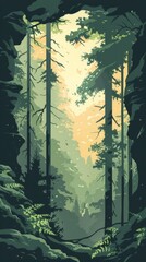 Poster - A forest with trees and a rock wall. The trees are green and the sky is yellow
