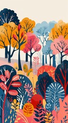 Aufkleber - A colorful painting of a forest with trees of different colors. The painting has a bright and cheerful mood, with the colors of the trees and leaves creating a sense of warmth and happiness