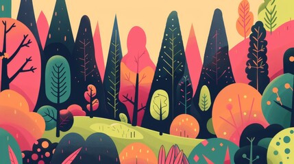 Poster - A colorful drawing of a forest with trees of different colors and sizes. Scene is peaceful and serene, with the trees providing a sense of calm and tranquility