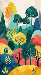 Poster - A colorful painting of a forest with trees of different colors and sizes. The painting has a peaceful and serene mood, with the trees and hills creating a sense of calmness and tranquility
