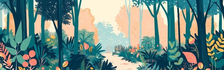 Wall Mural - A forest with a path through it. The path is surrounded by trees and bushes