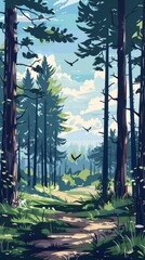 Wall Mural - A forest with a path through it and birds flying in the sky