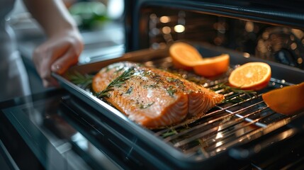 Wall Mural - a woman takes salmon out of the oven. selective focus