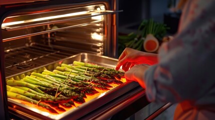 Wall Mural - a woman takes asparagus out of the oven. selective focus
