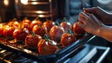 Fototapeta  - a woman takes tomatoes out of the oven. selective focus