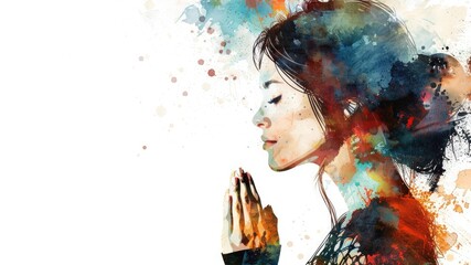 Abstract illustration of a young woman praying with clasped hands, profile view, on white background. Watercolor strokes evoke culture and religion, creating a mind-relaxing scene.