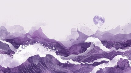 Aufkleber - A painting of a purple ocean with a moon in the sky. The mood of the painting is calm and serene