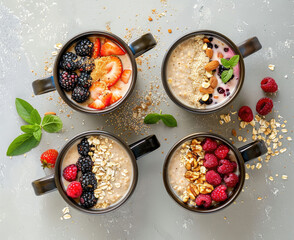 Wall Mural - overnight oats four mugs filled with oatmeal, berries and nuts, in the style of precisionist lines, aerial photography, ballet academia, furaffinity, light amber and orange, natural fibers, provia