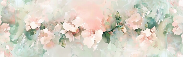 Aufkleber - A painting of pink flowers with green leaves. The flowers are arranged in a line and the background is a light green color. The painting has a serene and calming mood
