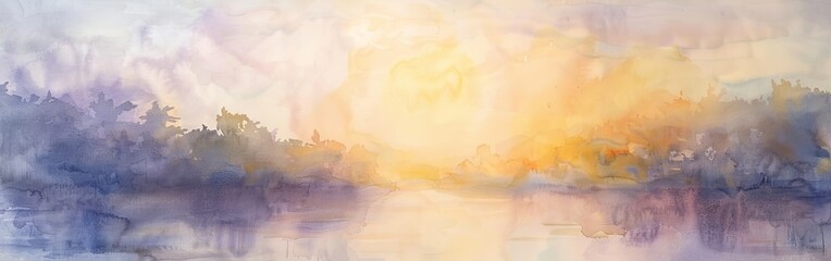 Poster - A painting of a forest with a river and a sun in the sky. The mood of the painting is peaceful and serene