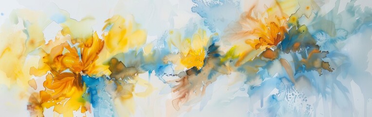Poster - A painting of three yellow flowers with blue and green accents. The flowers are arranged in a row, with the middle one slightly larger than the others. The overall mood of the painting is bright
