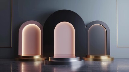 Wall Mural - Three silver and golden cylinder podiums with pink black luxury arch shape backdrop on grey background. Mockup product display