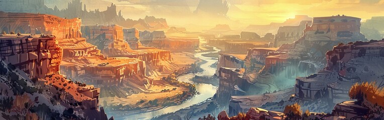 Poster - A desert landscape with a river running through it. The sky is orange and the sun is setting