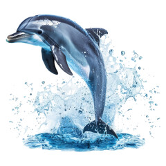 Isolated dolphin jumping on water splashes on white background.