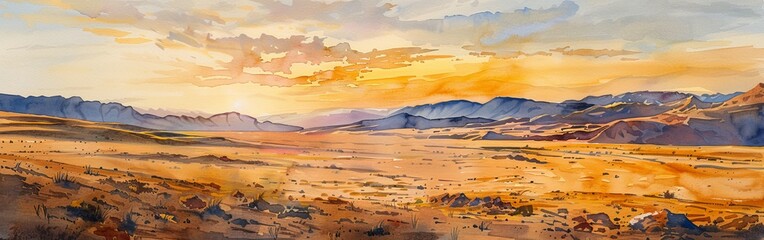 Aufkleber - Watercolor illustration of a Wild West sunset with warm hues of orange and yellow, casting long shadows over the rugged landscape --ar 19:6 Job ID: fca0d872-6996-492c-8406-18e30b8e43dc