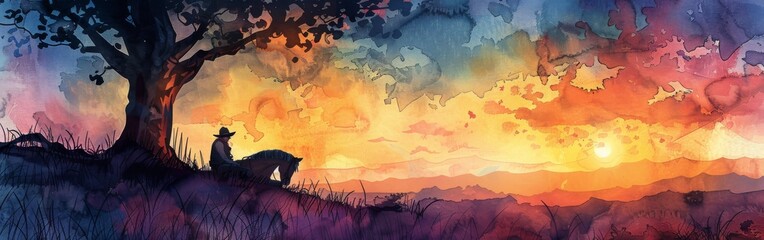 Poster - Watercolor illustration of a cowboy and his horse resting under a tree at sunset in the Wild West, with the sky painted in pastel shades of orange, purple, and blue --ar 19:6 Job ID: 5489220d-5ddc-465