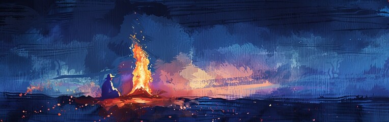 Wall Mural - Watercolor illustration of a cowboy campfire at sunset in the Wild West, with the flames flickering against a backdrop of deepening blues and purples --ar 19:6 Job ID: b8a51165-1668-4e86-8019-b360c30e