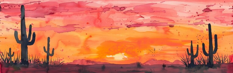 Poster - Watercolor illustration of a desert scene at sunset in the Wild West, with cacti silhouetted against an orange and pink sky --ar 19:6 Job ID: dfe3c47a-4707-4676-89b2-d626a4858c5b