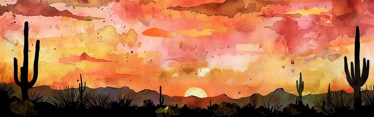 Poster - Watercolor illustration of a desert scene at sunset in the Wild West, with cacti silhouetted against an orange and pink sky --ar 19:6 Job ID: dfe3c47a-4707-4676-89b2-d626a4858c5b
